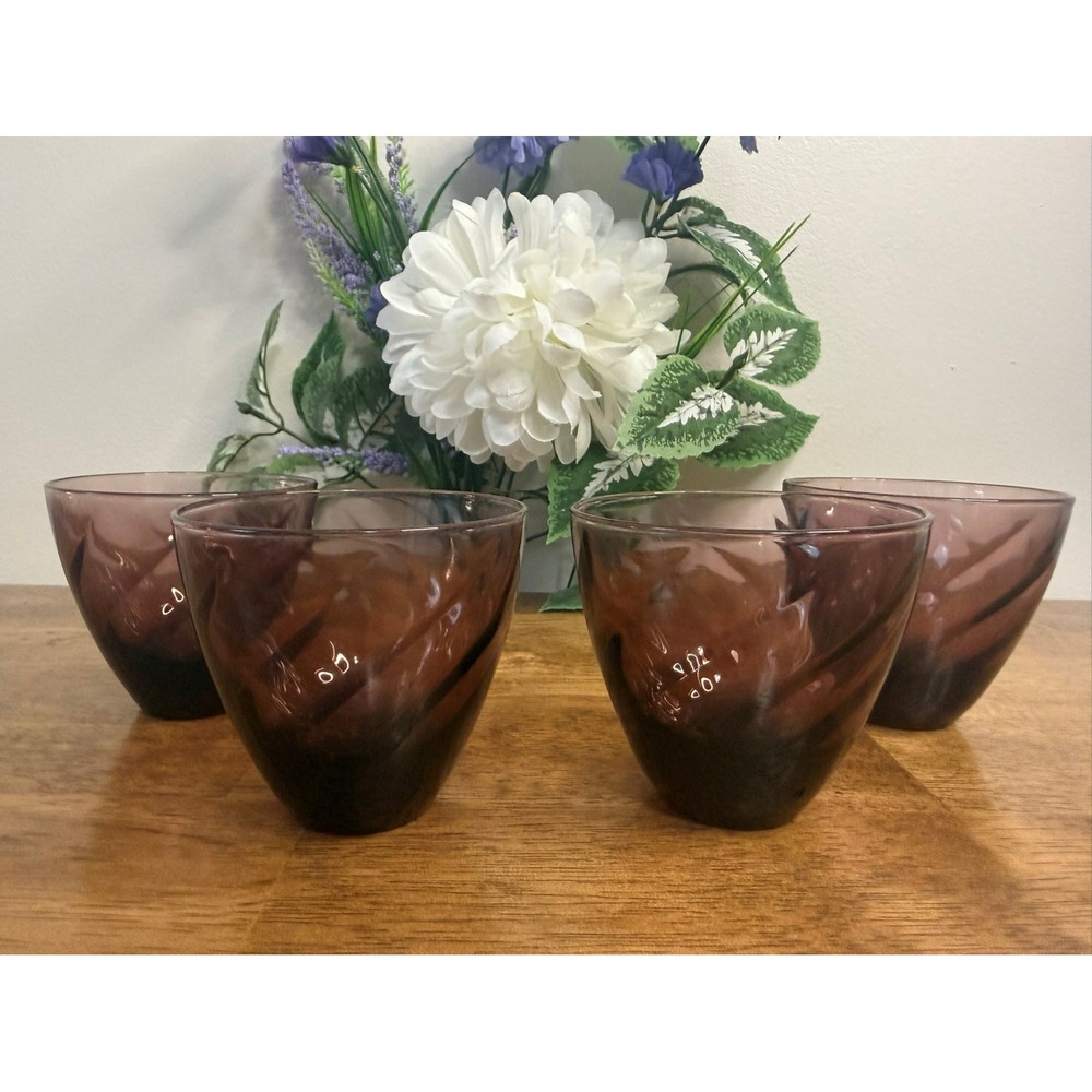 Vintage Hazel-Atlas‎ Amethyst Glass Swirl Tumblers Set Retro Purple Barware MCM